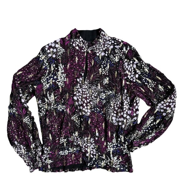 White House Sheer Top Womens Size 10 Purple Floral Gold High Neck Fairy‎ Grunge - Picture 1 of 8